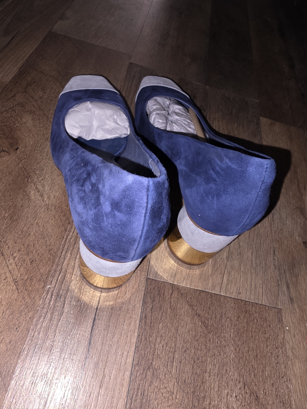 Charlotte Stone Navy and Light Gray Suede Square-Toe Pumps - Picture 2 of 3